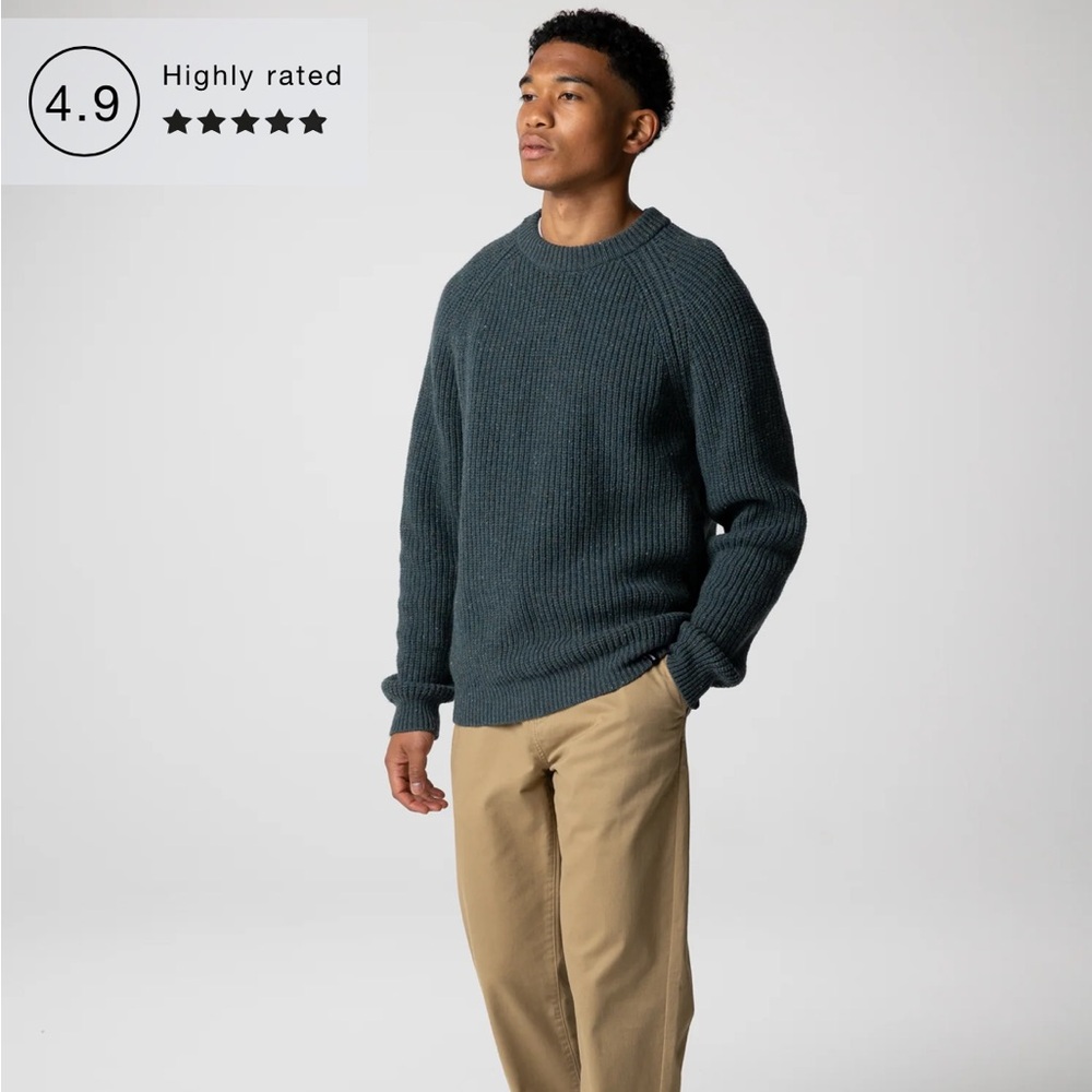 Finisterre green Mora mens crew neck merino wool sweater S